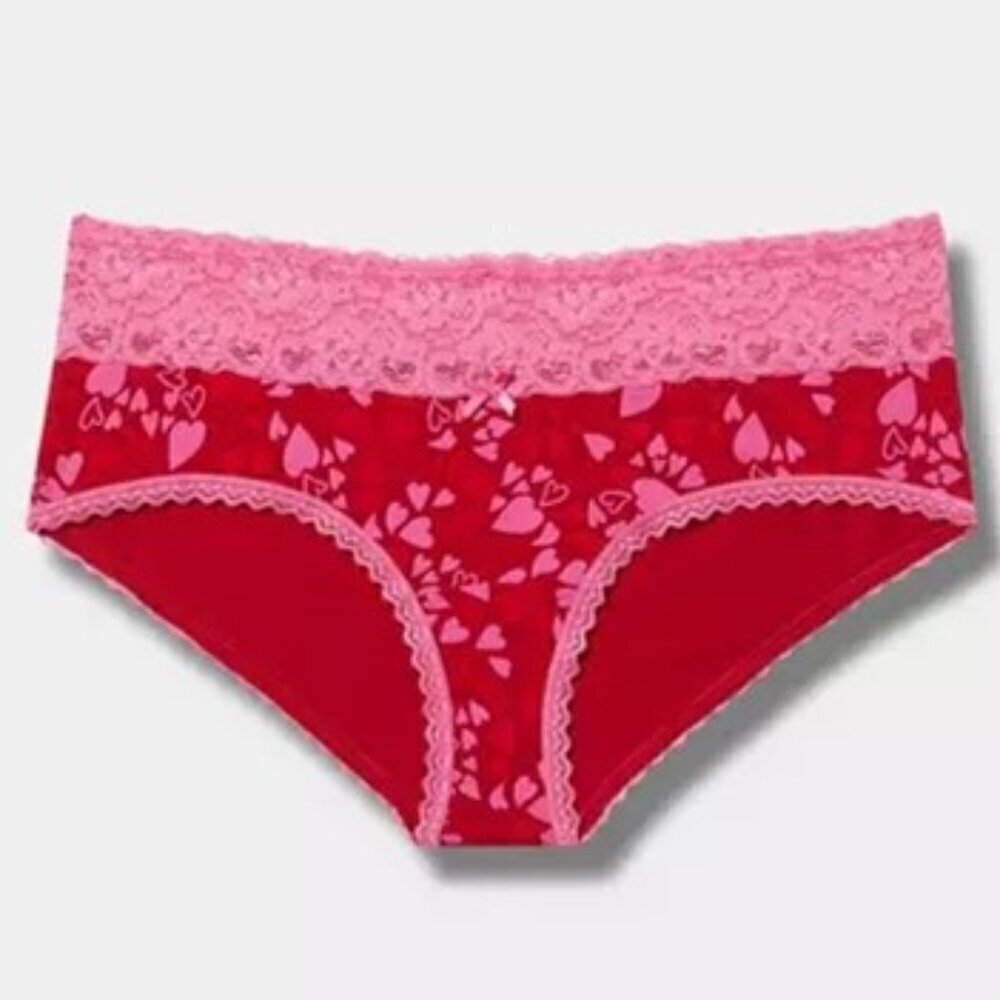 Torrid - Cotton Mid-Rise Lace Trim Cheeky Panty in Wild Hearts, Red & Pink​​​​​​